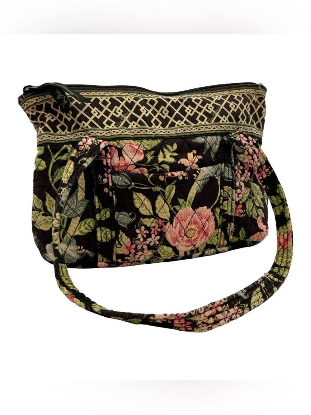 Vera Bradley Black Quilted Shoulder Bag with Pink and Green Floral Print